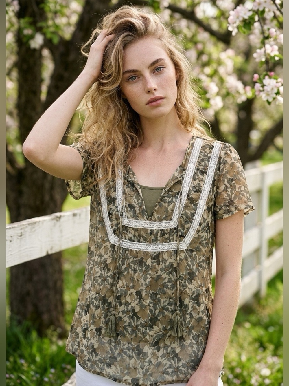 Ann Taylor LOFT Floral Sheer Flowy Top Womens Medium Dark Forest Boho Garden